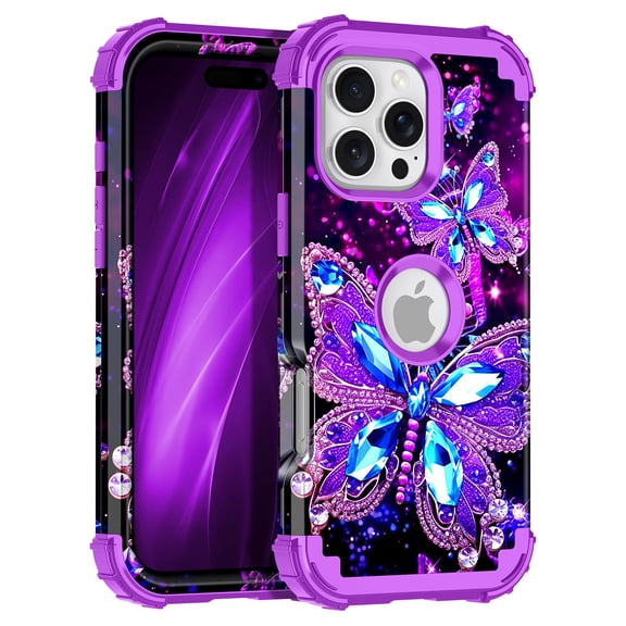 Meshine Phone Case for iPhone 16 Pro,Butterfly Glow in The Dark Three Layer Heavy Duty Shockproof Full Body Protection Hard Plastic Bumper Soft Silicone Protective Case,Deep Purple