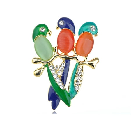 Colorful Parrot Budgie Chirping Friends Clear Crystal Rhinestone Bird Pin Brooch