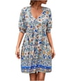 thumbnail image 1 of Falda de vestido de manga corta elástica estampada con cuello en V informal de verano para mujer a la moda Pompotops  qwe13520, 1 of 1