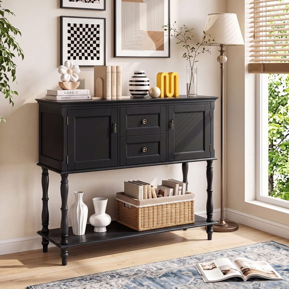 Console Table with 2 Drawers, 2 Door Cabinets, and Bottom Storage Shelf, Black