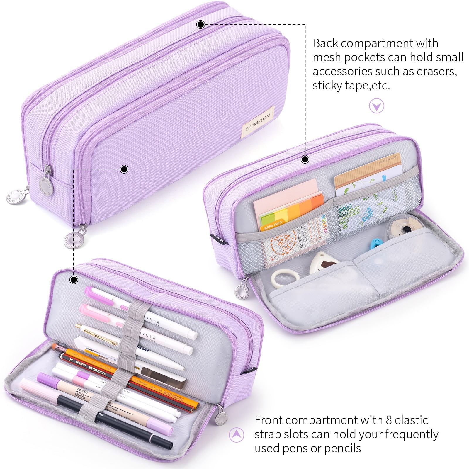 CICIMELON Pencil Case Large Capacity 3 Compartments Pen Pouch Bag for Adults Women (Purple)