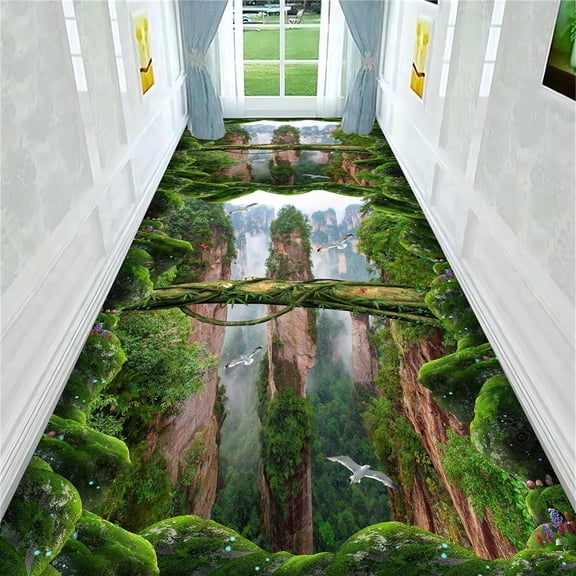 Optical Illusion Area Rug, 2x7ft, 3D Green Corridor Rugs with Prints Like Cliffs Flying Cranes and Green Plants, Exciting Abstract Decorative Carpet for Living Room Children's Bedroom Office