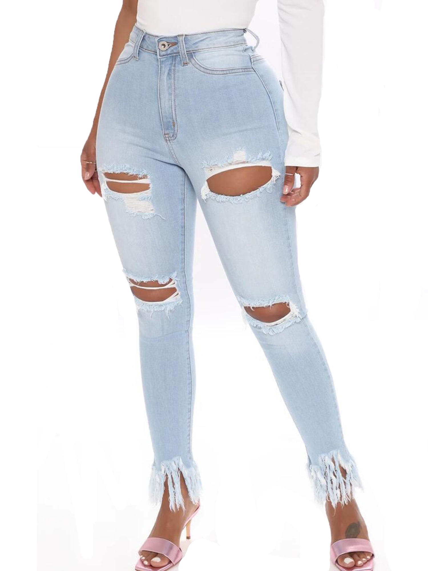 Wat leuk Staan voor Voorwaardelijk Women Ripped Boyfriend Jeans Cute Distressed Jeans Stretch Skinny Jeans  with Hole Ladies High Waist Ripped Pencil Pants Denim Jeans Casual Strech  Long Trousers - Walmart.com