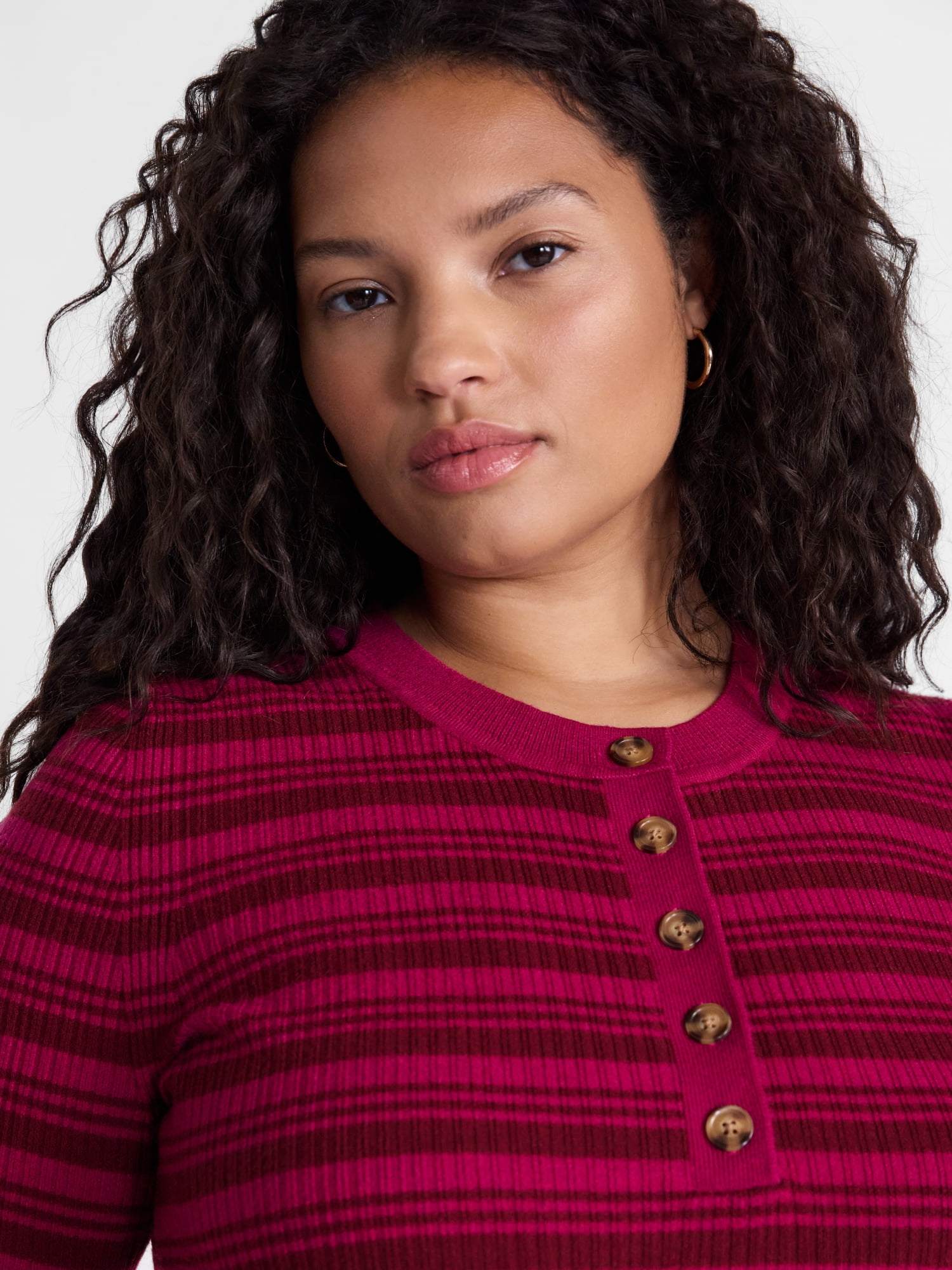 Terra & Sky Women's Plus Ribbed Henley Sweater Top with Elbow Length Sleeves, Sizes 0X-5X