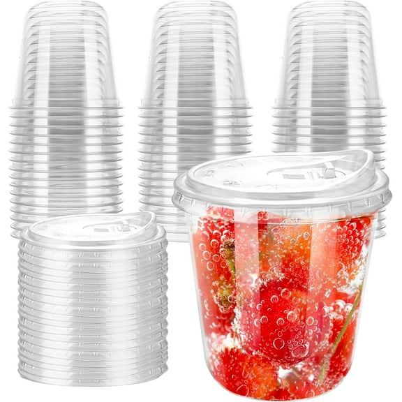 12oz Disposable Stemless Glasses With Strawless Sip Lids PET Drinking Cups Clear Plastic Wine for Parties Birthday Wedding Meeting Christmas Party Supplies. (50 Transparent)
