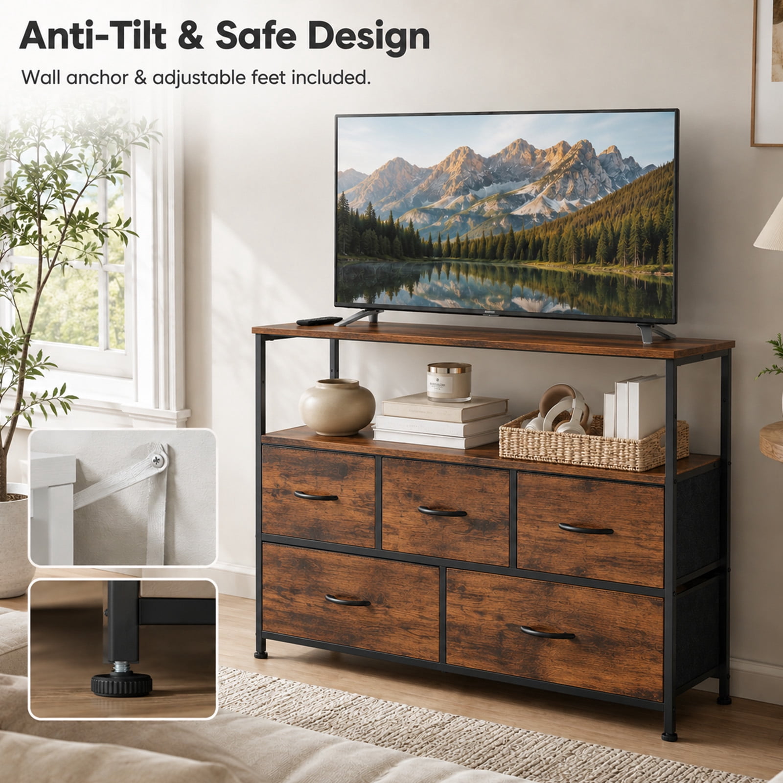 Alvantor Tall Fabric Dresser, TV Stand Media Console, 5 Drawer Storage Tower with Wooden Top for Bedroom, Entryway, Nursery