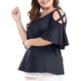 thumbnail image 2 of Unique Bargains Women's Plus Solid Strappy Cold Shoulder Trumpet Sleeve T-shirt, 2 of 6