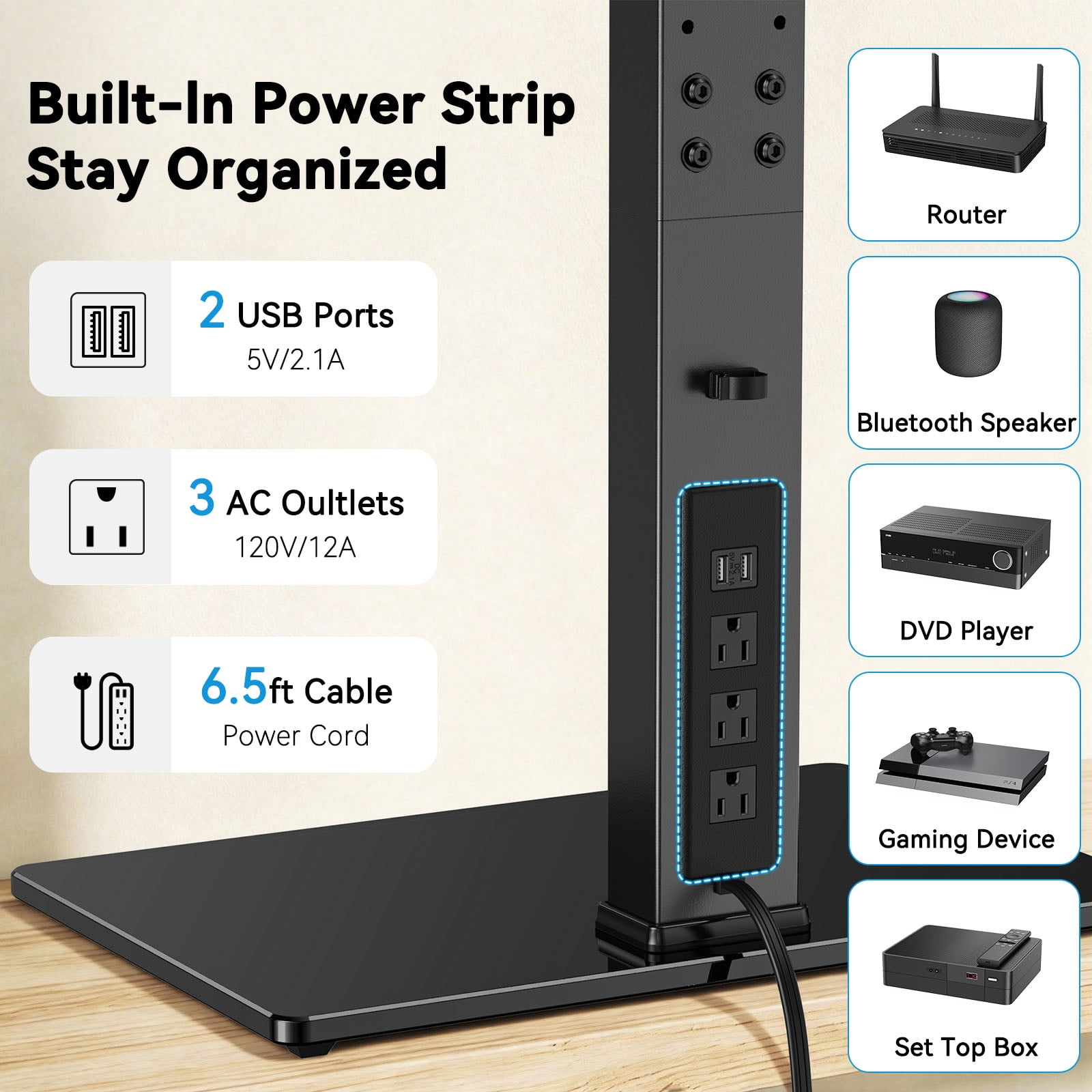 MountFTV Universal Swivel TV Stand with Power Outlet for 32-80 inch TVs up to 99 lbs, Table Top TV Stand Mount with 6 Height Adjustable, Tempered Glass Base,Max 600x400mm