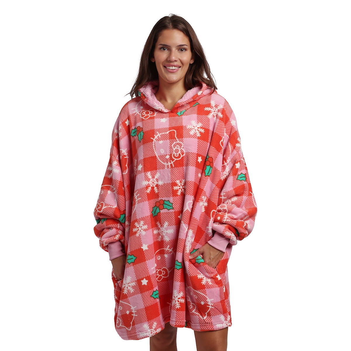 Hello Kitty Christmas Line Art Red Plaid Hoodie Wearable Blanket-OSFA