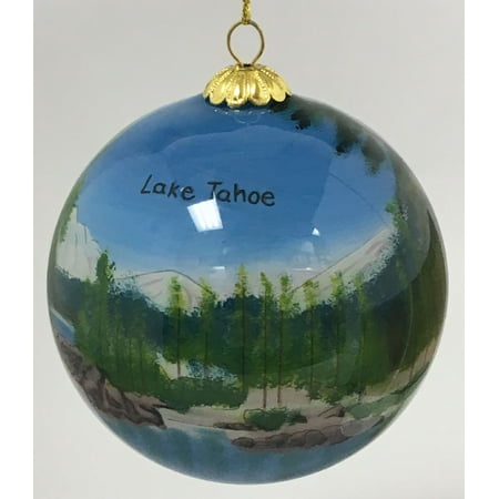 - Lake Tahoe Nevada Scenic Reverse Painted Glass Ball Christmas Tree Ornament New