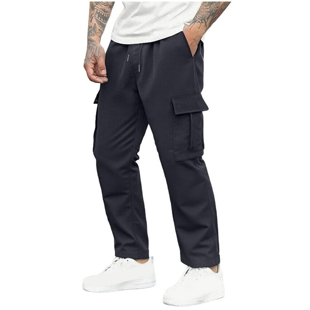 Mens Twill Cargo Pants Solid Fashion Casual Multiple Pockets Elastic Waist Drawstring Work Pants Trousers Dark Blue