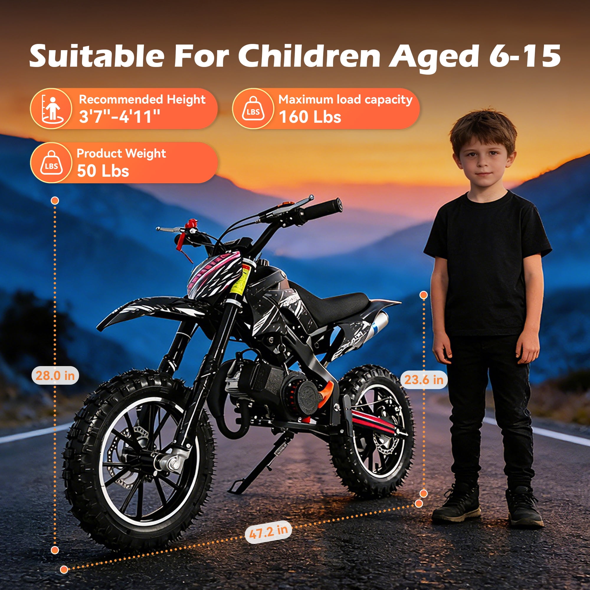 Gpower 49cc Dirt Bike for Kids 6-15,2-Stroke Gas Powered Mini Dirt Bike,1.5L Fuel Capacity,1-Seater,Black