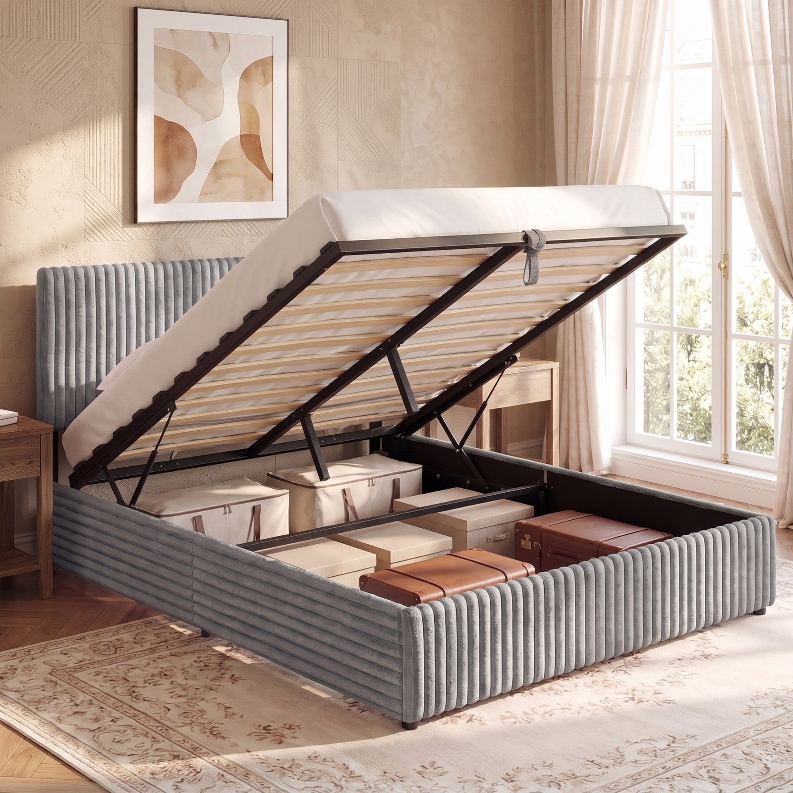 Furnibear Queen Size Bed Frame with Storage, Lift Up Upholstered Platform Bed Frame with Channel Tufted Headboard for Bedroom, Gray