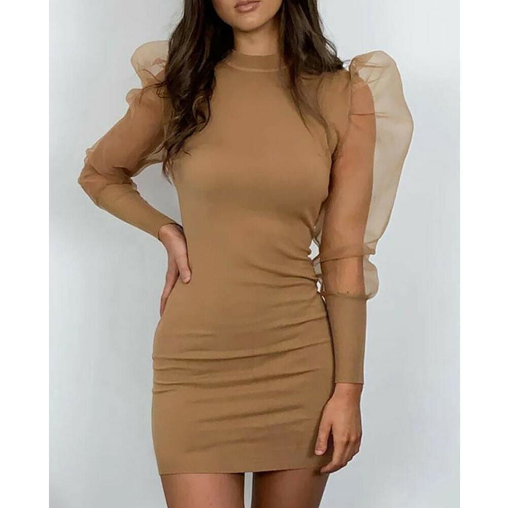 FOCUSNORM Women See Through Puff Sleeve Bodycon Dress - Walmart.com
