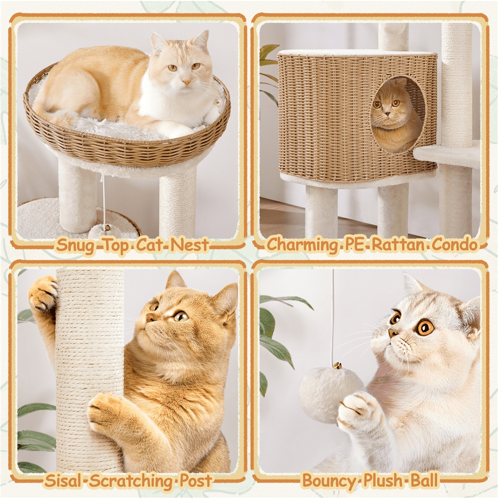 Renwick 36" Tall Rattan Cat Tree with Natural Sisal Scratching Post, Beige