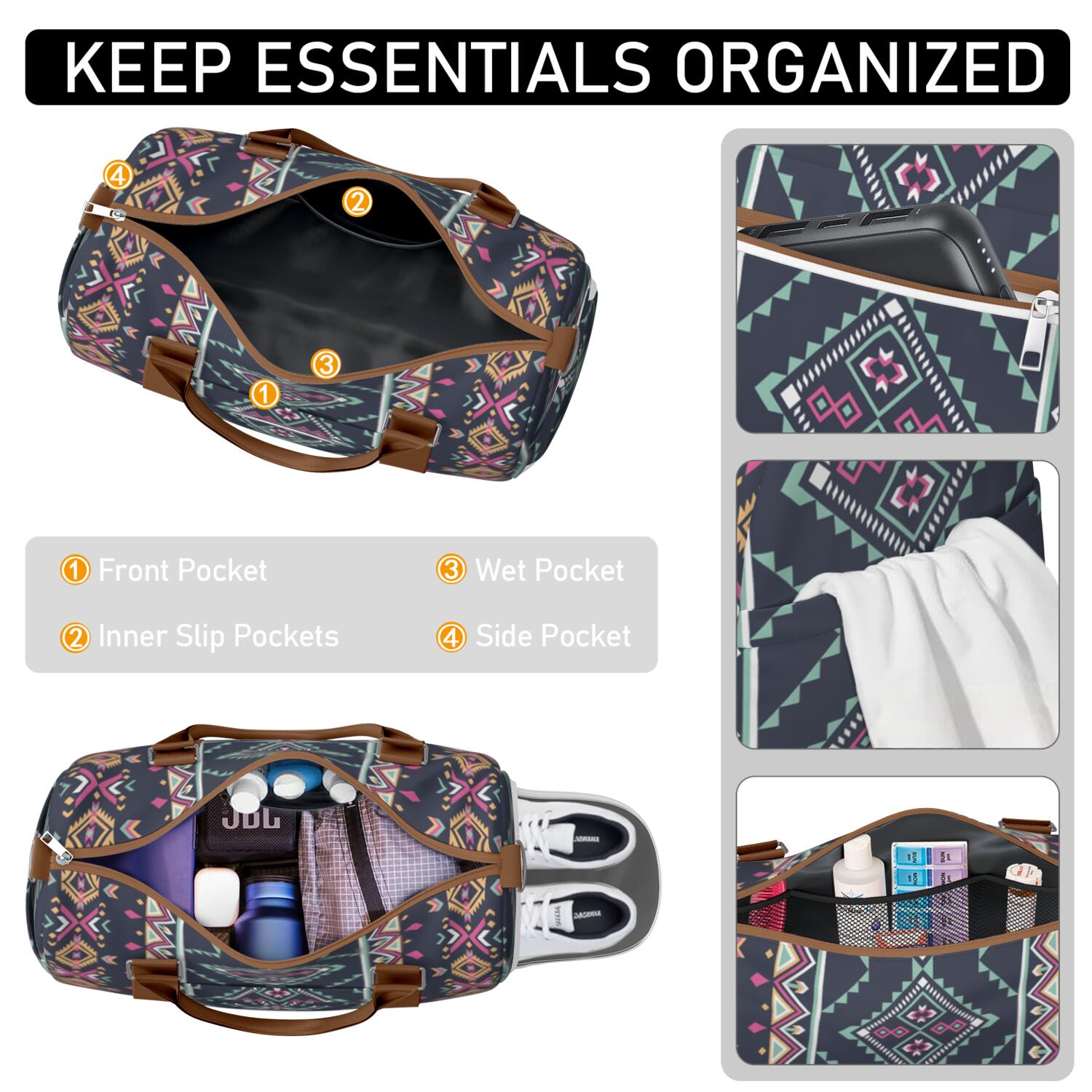 Boho Womens Gym Tote Duffle Bag with Wet Pocket & Shoe Compartment, Floral Checkered Travel Duffel Bag Overnight Weekender Hospital Tote Girls Workout Carry on Bag with Luggage Sleeve