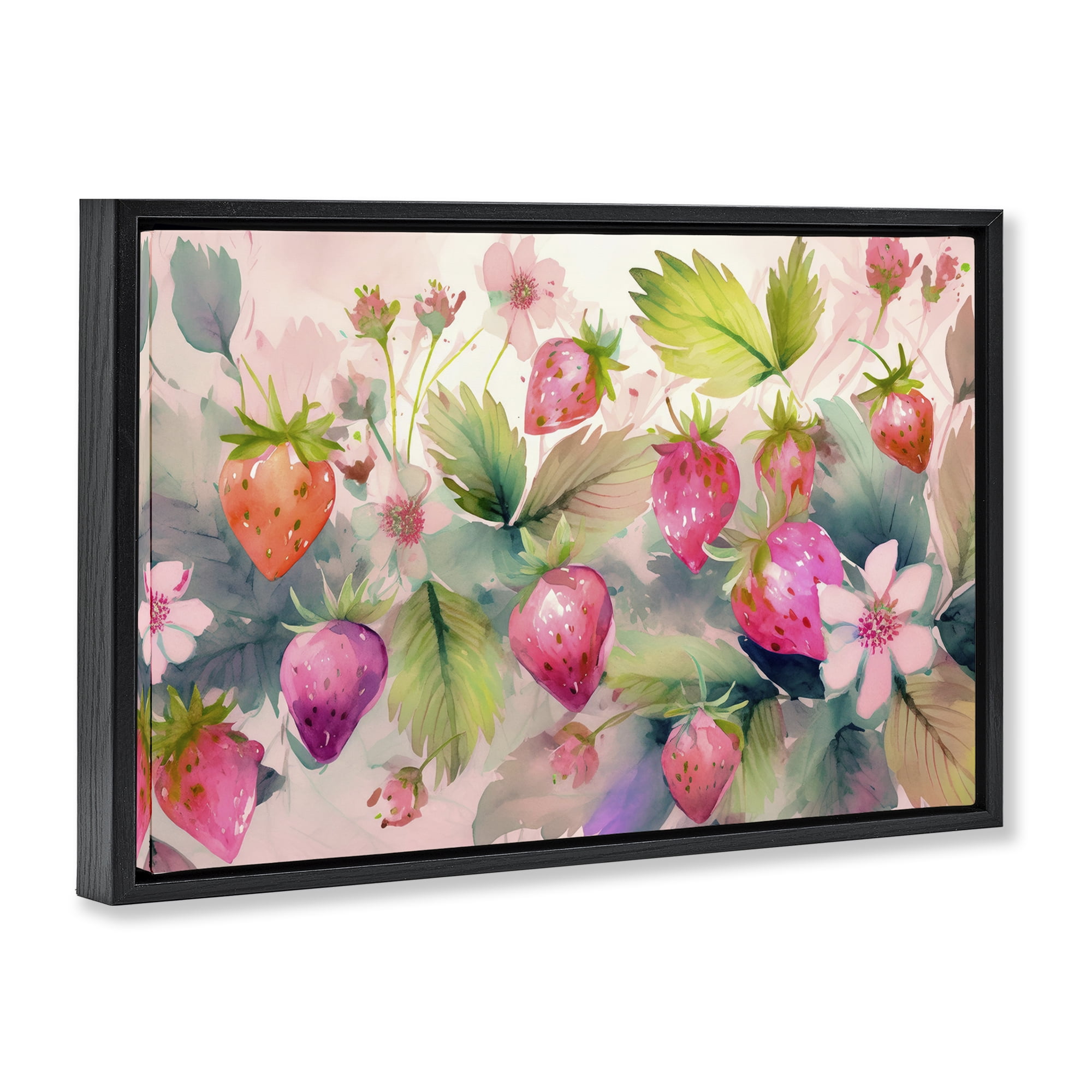 Stupell Industries Pink Strawberries & Bloom Food & Beverage Painting Black Floater Framed Canvas Art Print Wall Art, 31 x 21