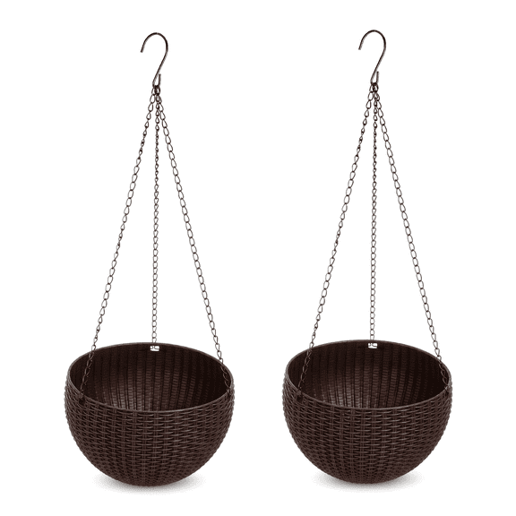 Hanging Basket Plastic Flower Pot Round Resin Garden Hanging Planter for Indoor Outdoor Plants 2 Pack Brown