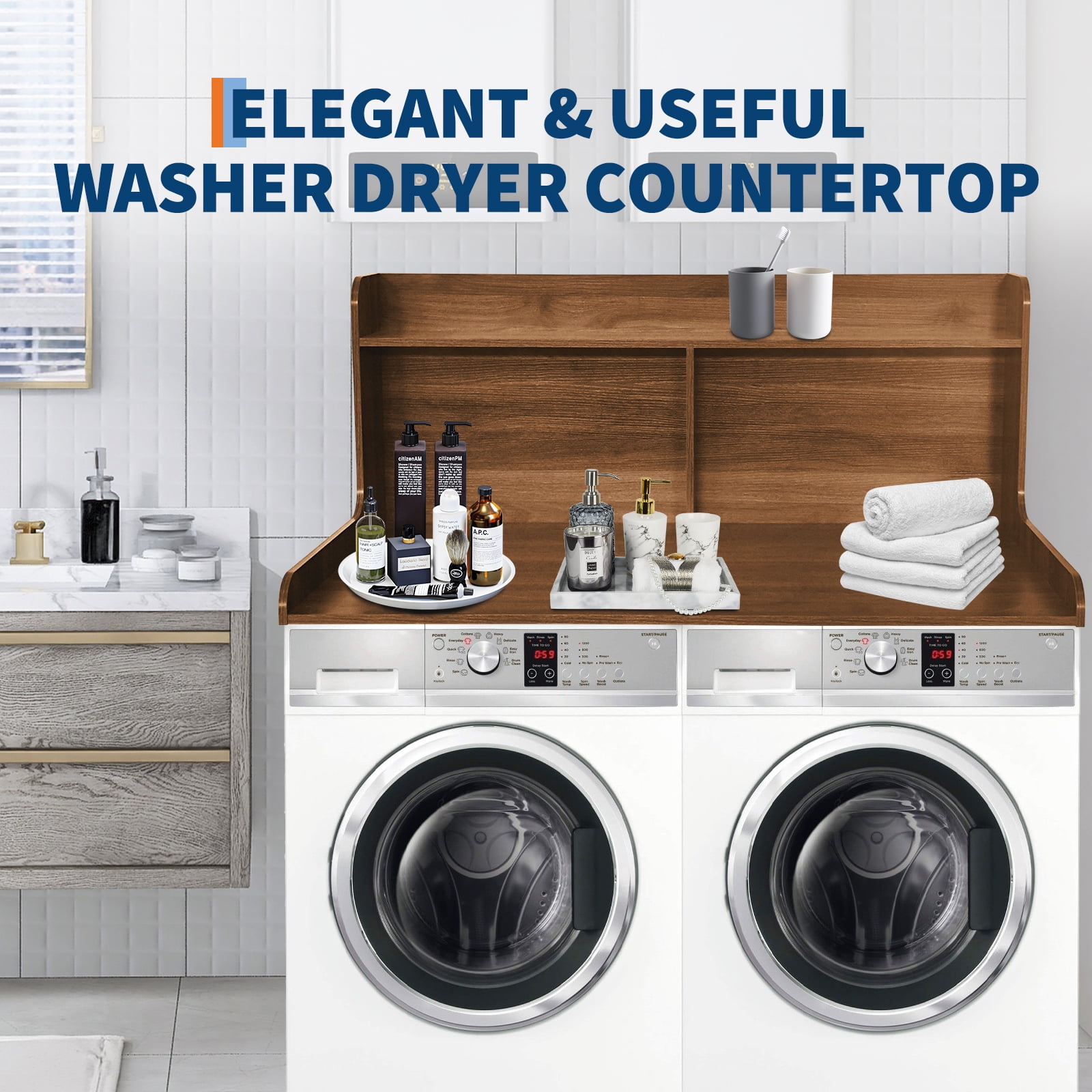 TEQIN Washer and Dryer Countertop,54'' W Laundry Shelf Organizer Wood Dryer Rack Countertop,Washer Laundry Topper with Non-Slip Mat for Washer and Dryer