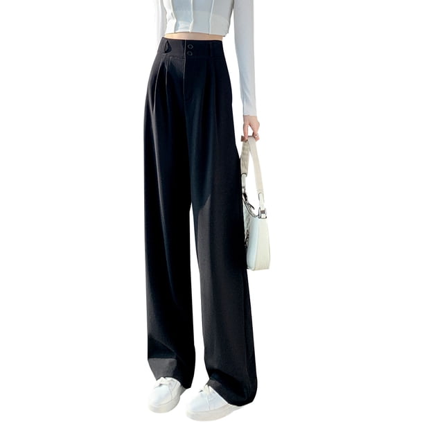 Pantalones casuales de pierna ancha, cintura alta, abotonados y rectos para mujer