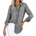 thumbnail image 4 of Women Button Down Denim Shirt Long Sleeve Roll Up Casual Oversized Jean Jacket Distressed Tunic Top, 4 of 7