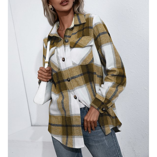 Ropa De Abrigo De Manga Larga, Chaqueta A Cuadros, Cuello Vuelto, Poliéster, Agradable A La Piel, Suelta Para El Trabajo De La Vida Diaria ANGGREK HI1711