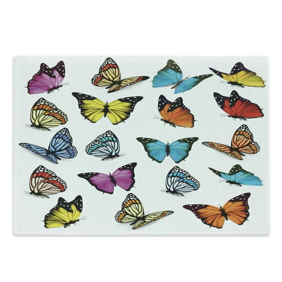 Animal Cutting Board, Colorful Butterflies Flying Composition Summertime Seasonal Animals Print, Decorative Tempered Glass Cutting and Serving Board, Large Size, Multicolor, by Ambesonne