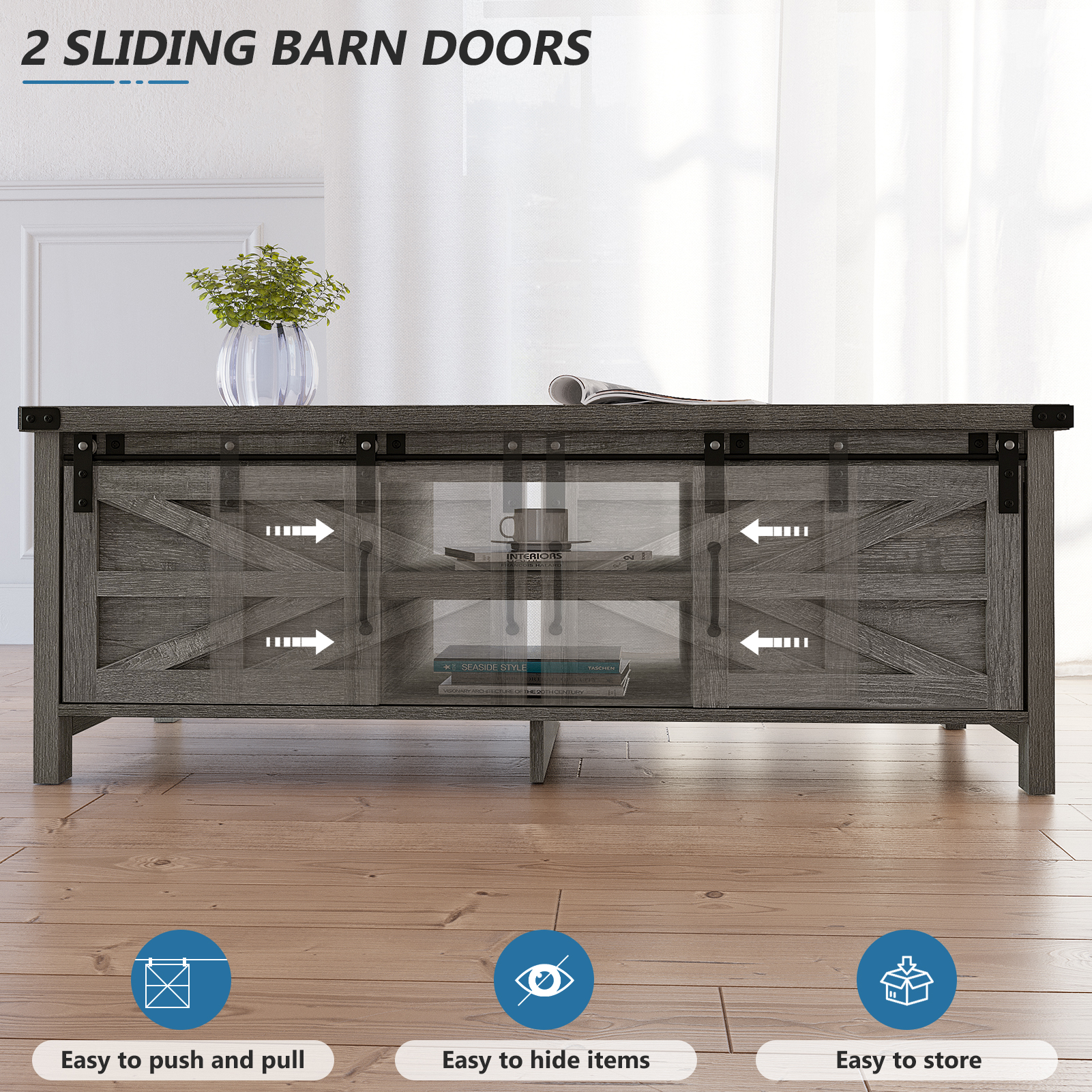 Yaoping 48" Modern Farmhouse Coffee Table with Adjustable Storage Cabinets Shelves, Modern Coffee Table for Living Room with Sliding Barn Door