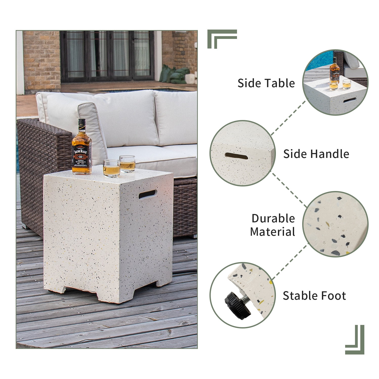 VENTOPYR 42" Rectangular Propane concrete Fire Pit Table with Wind Guard, Tank Table & Fire Glass​​