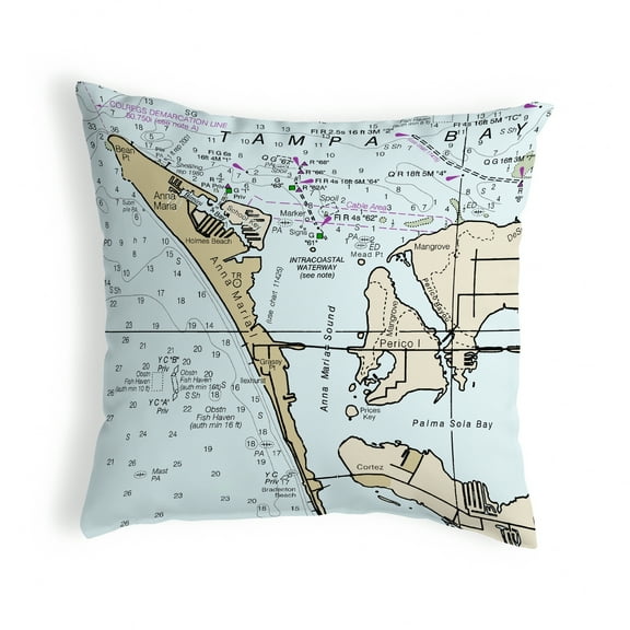 Betsy Drake Interiors Anna Maria Island, FL Nautical Map Noncorded Indoor/Outdoor Pillow 12x12