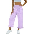 thumbnail image 3 of AKOEE Cute Summer Capris Plaid Print Smocked High Waist Wide Leg Capri Pants Pockets Ruffle Hem Casual Beach (XL, Purple), 3 of 7