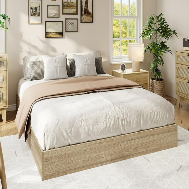 BeesClover Solid Wood Platform Bed with Sturdy Wooden Slats, Twin/Full/Queen/King Size Floor-Standing Bed Frame, Modern Minimalist Design Bed Frame, No Box Spring Needed