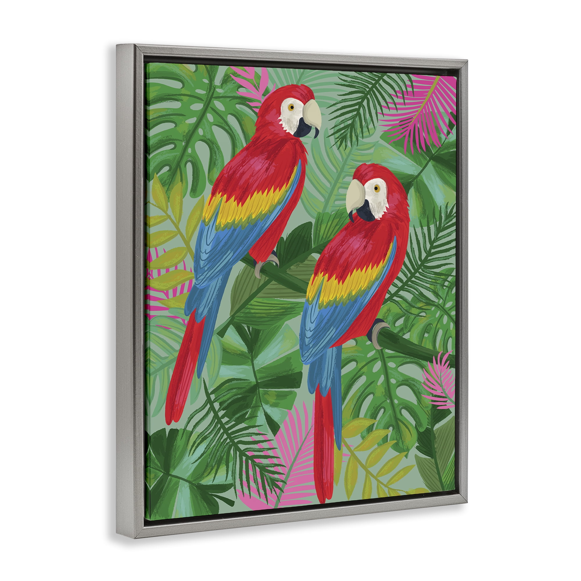 Stupell Industries Pink Paradise Parrots Animals Painting Gray Floater Framed Canvas Art Print Wall Art, 17 x 21