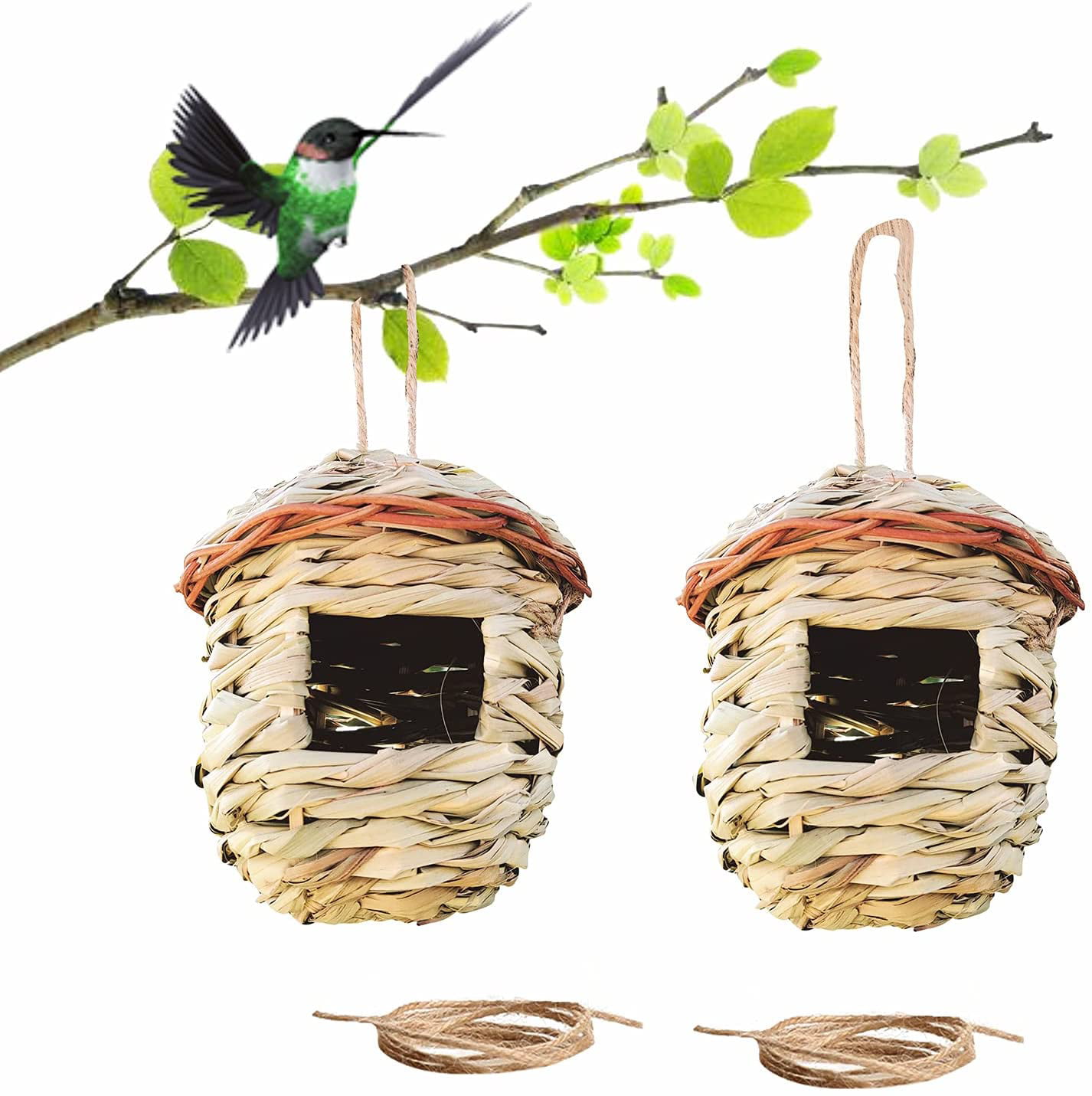 2Pcs Bird Nest Hanging Small Birdhouse Hut Wild Grass Weave for Canary Finch 