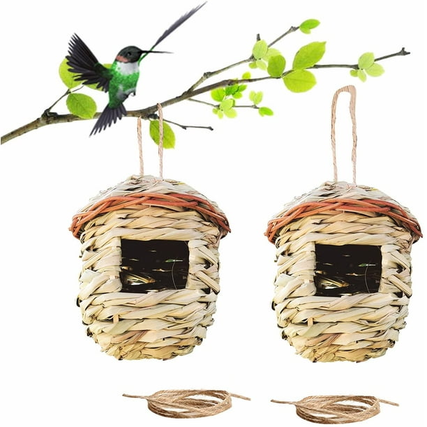 Nichoir pour oiseaux à suspendre à l'extérieur, maisons de nidification pour  colibris pour l'extérieur avec corde, cabane/nid confortable pour oiseaux  sauvages Audubon Finch Canary Song Sparrow, lot de 2 (forme de cabane) 