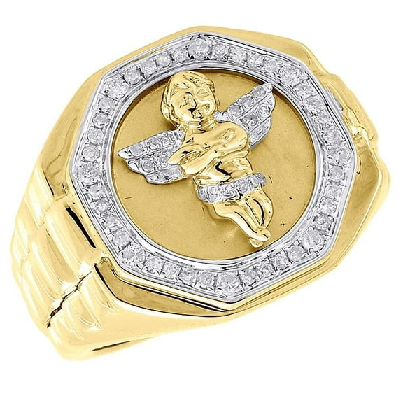 Diamond Angel Pinky Ring Men's 10K Yellow Gold Brushed Round Pave Set 0.34 Ct.