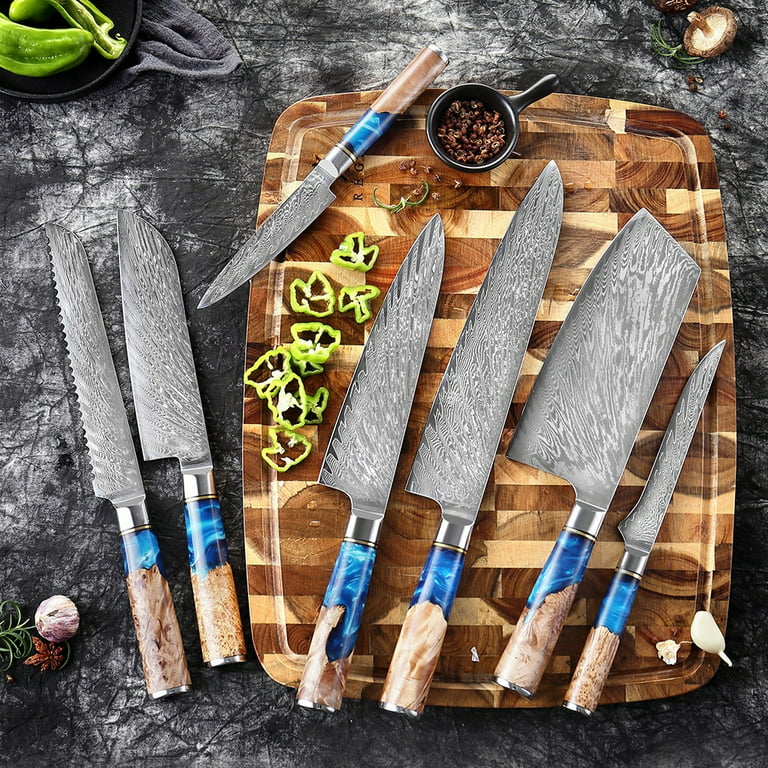 WAK 7PCS Kitchen Set Damascus Steel Chef Knife Cleaver Bread Paring Blue  Resin and Pakka Wood