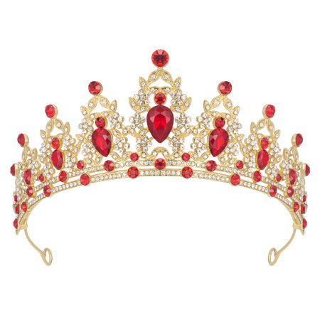 SWEETV Crystal Crown for Bride Wedding Bridal Birthday Quinceanera Pageant Party Prom,Gold + Red