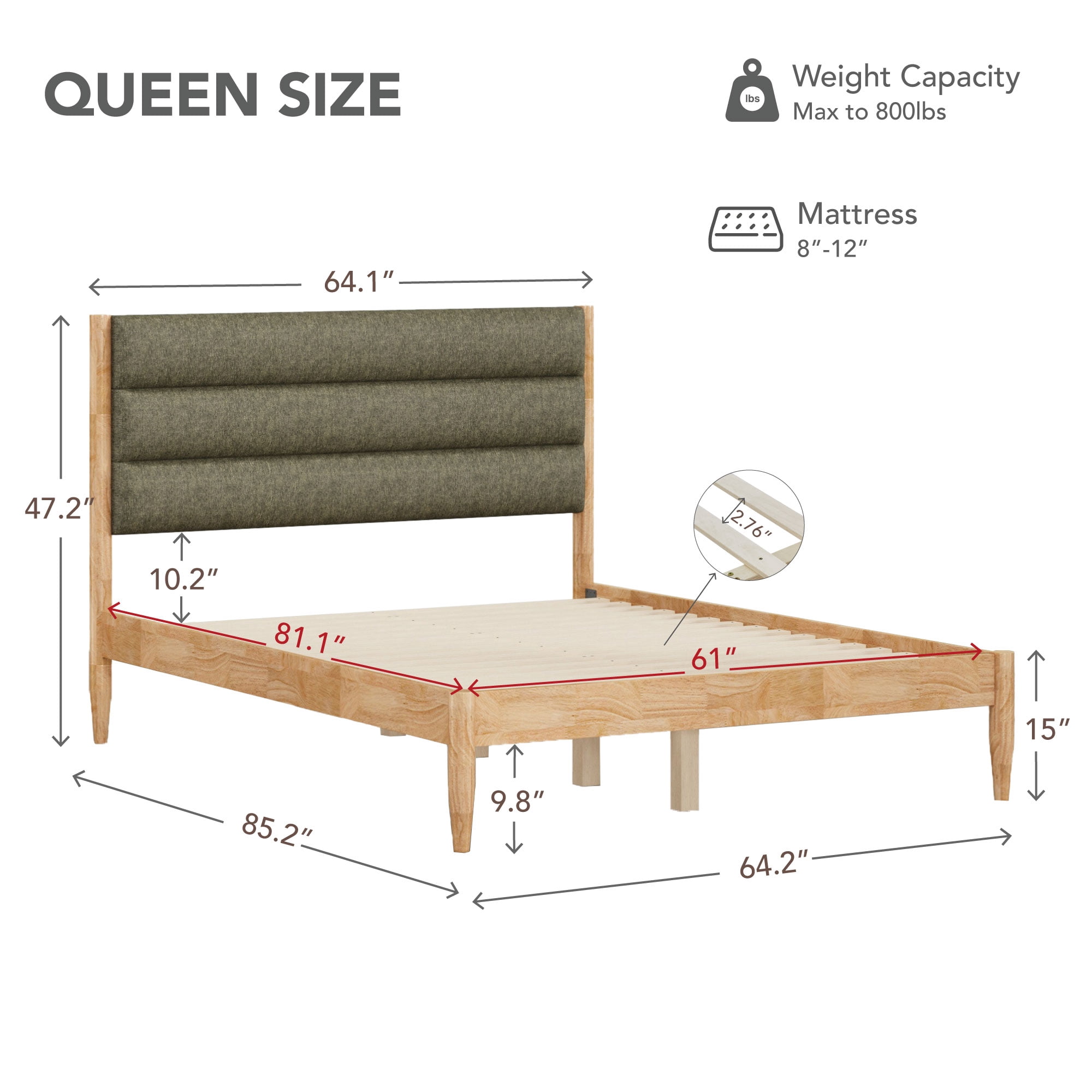 Spruce & Spring Farmhouse Queen Upholstered Bed Frame, Solid Rubberwood Frame, Sage Green Boucle Headboard, Noise-Free, No Box Spring Required, Natural & Sage