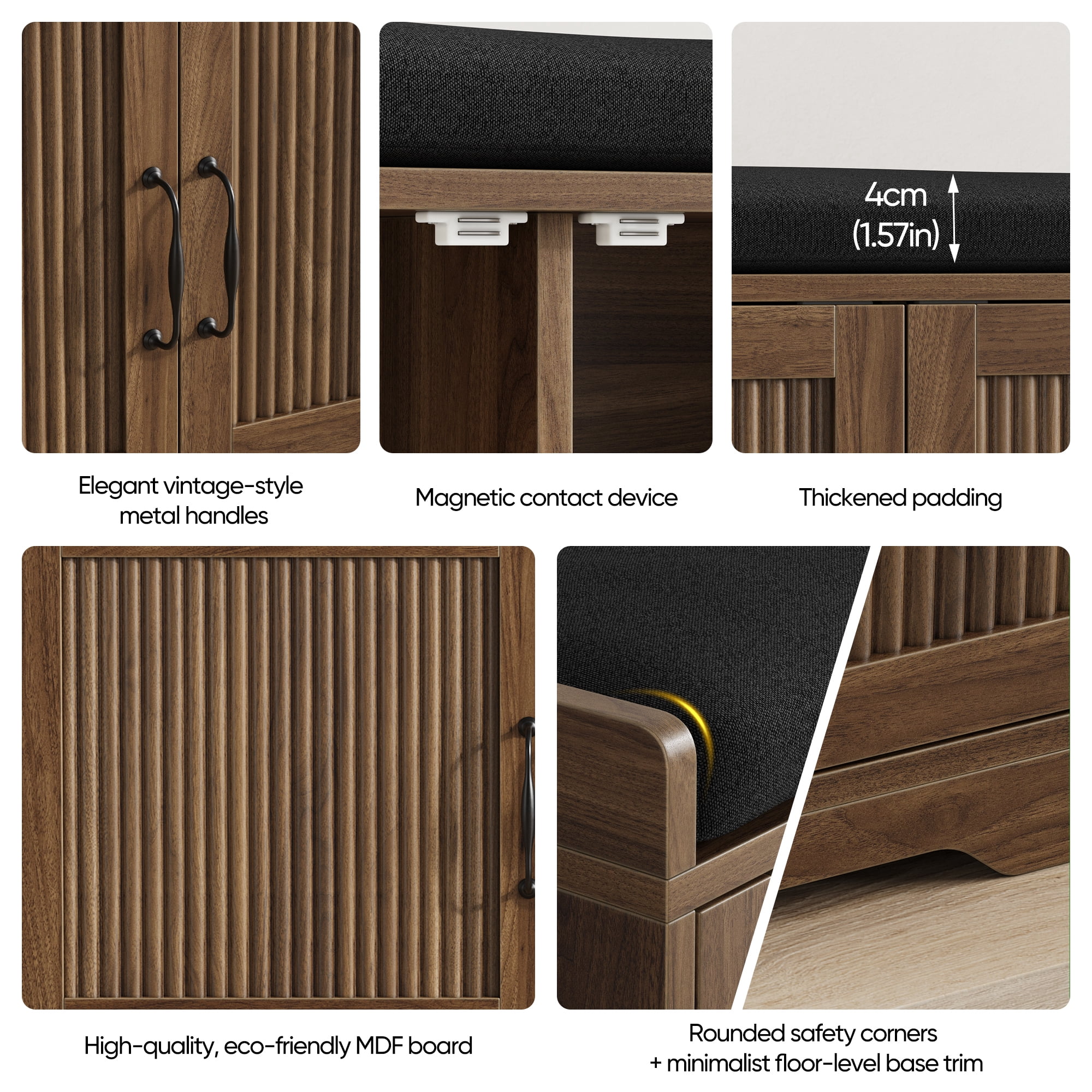 Leumius 31.5" Entryway Shoe Bench, Entryway Storage Bench with Double Doors and Comfortable Upholstery for Hallway and Entrance Areas Walnut