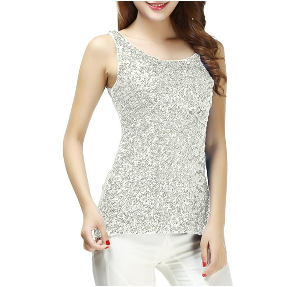 Lmnyox Women's Sequin Tops Sparkly Shiny Scoop Neck Sleeveless Tank Tops Slim Fashion Night Out Club Shirts