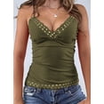 thumbnail image 4 of Women'S Lace Trim Camis Top Deep V Neck Adjustable Spaghetti Strap Beaded Tank Top Green M, 4 of 7