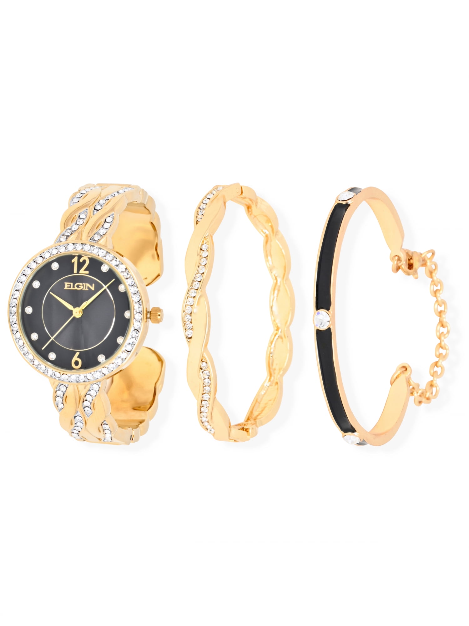 Elgin Analog Watch Set, Round Black Dial, Gold, Women's (EG17006GST)