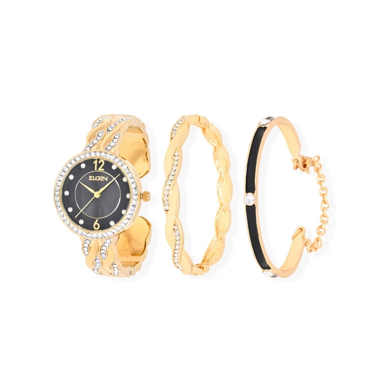 Elgin Analog Watch Set, Round Black Dial, Gold, Women display picture 1