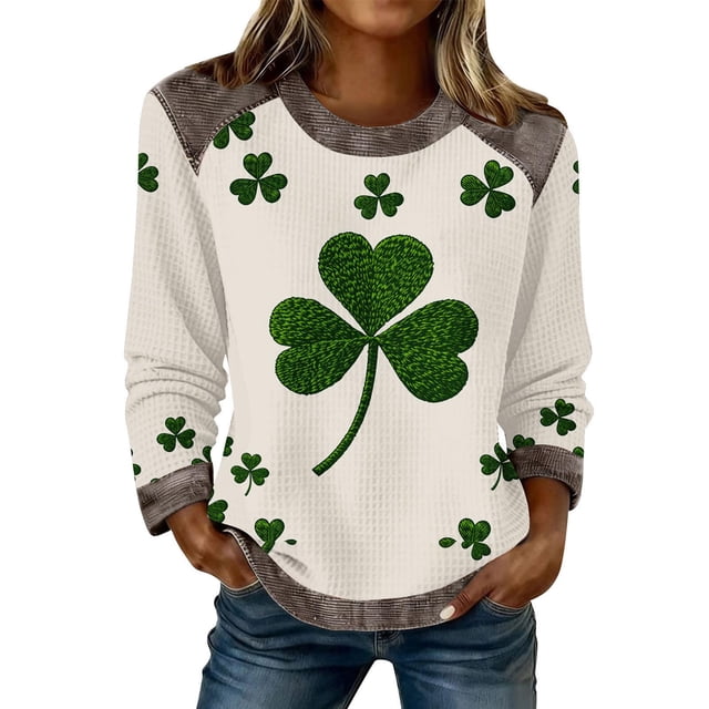 Chandail de la Saint-Patrick pour Femmes, Tunique à Manches Longues et Col Rond Imprimé Amusant, chandail Vert Décontracté pour Fête de Printemps, Tenue Décontractée pour la Saint-Patrick