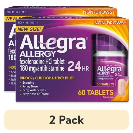 (2 pack) Allegra Adult 24-Hour Allergy Relief Tablets, Non-Drowsy, 180 mg Fexofenadine HCI, 60 Count