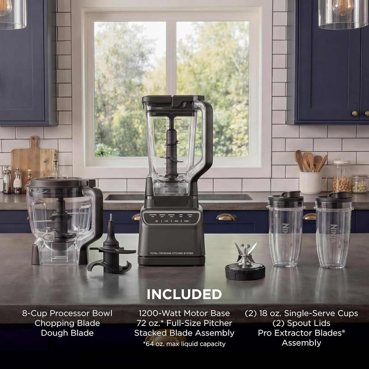 Ninja Kitchen System | All-in-One for Smoothies, Frozen Drinks, Veggie Chopper & More | With Full-Size Pitcher, 8 Cup Food Processor Bowl, (2) 18 oz. Cups, | 1200 Watt | Dark Grey