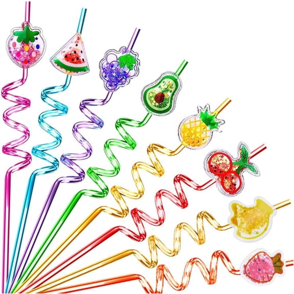 8Pcs Glitter Fruit Drinking Straws, Pool Party Decorations Supplies, Reusable Plastic Drinking Straws Crazy Silly Straws