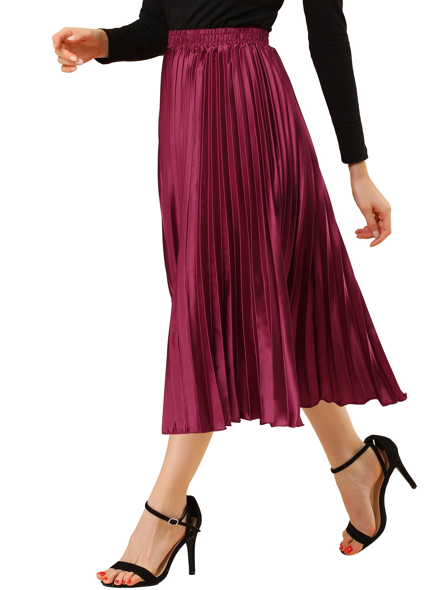 DARING DIVA Women's A-line High Waist Pleated Midi Skirt XS Burgundy
