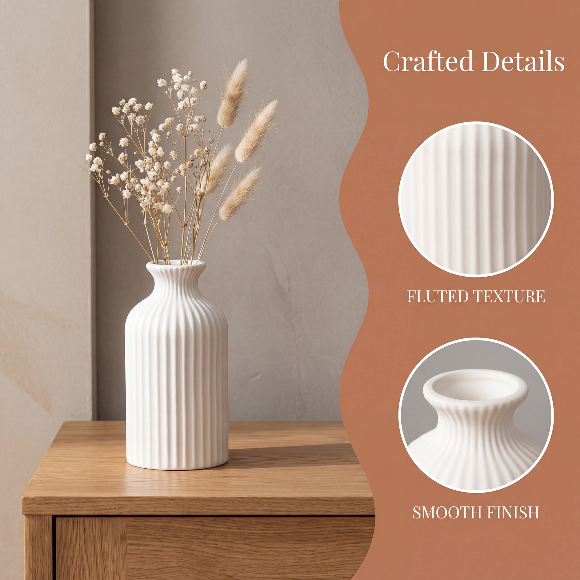 Unique Bargains Modern Ceramic Matte Ribbed Flower Vase White 3.1" x 3.1" x 5.9"